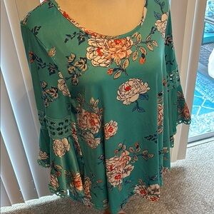 Floral Green Women's Top with bell sleeves
